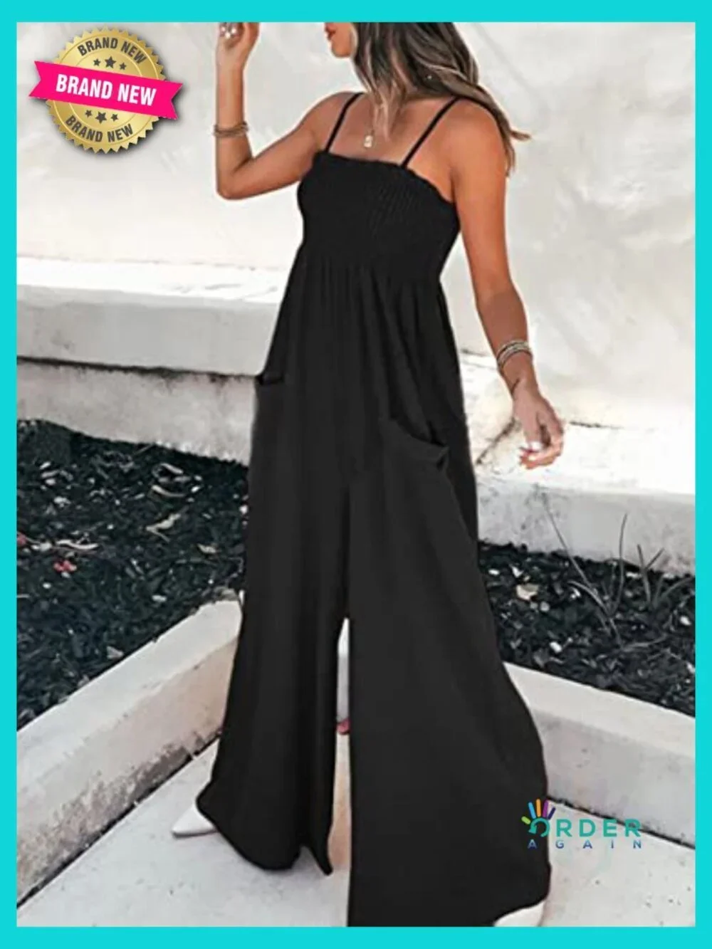Smocked Square Neck Jumpsuit Adjustable Spaghetti Straps Loose Maxi Pants Summer